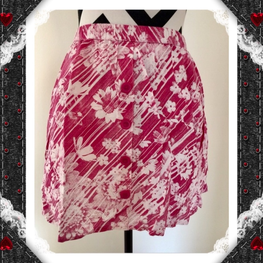 Sweet Front Button Flower Print Pink Skirt